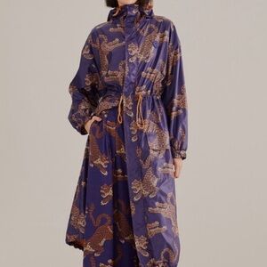 Farm Rio Navy Blue Leopard Maxi Parka Jacket Size XS